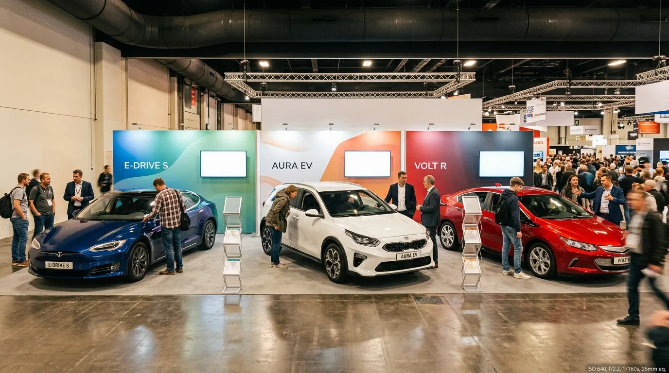 Three electric cars displayed at indoor automotive exhibition