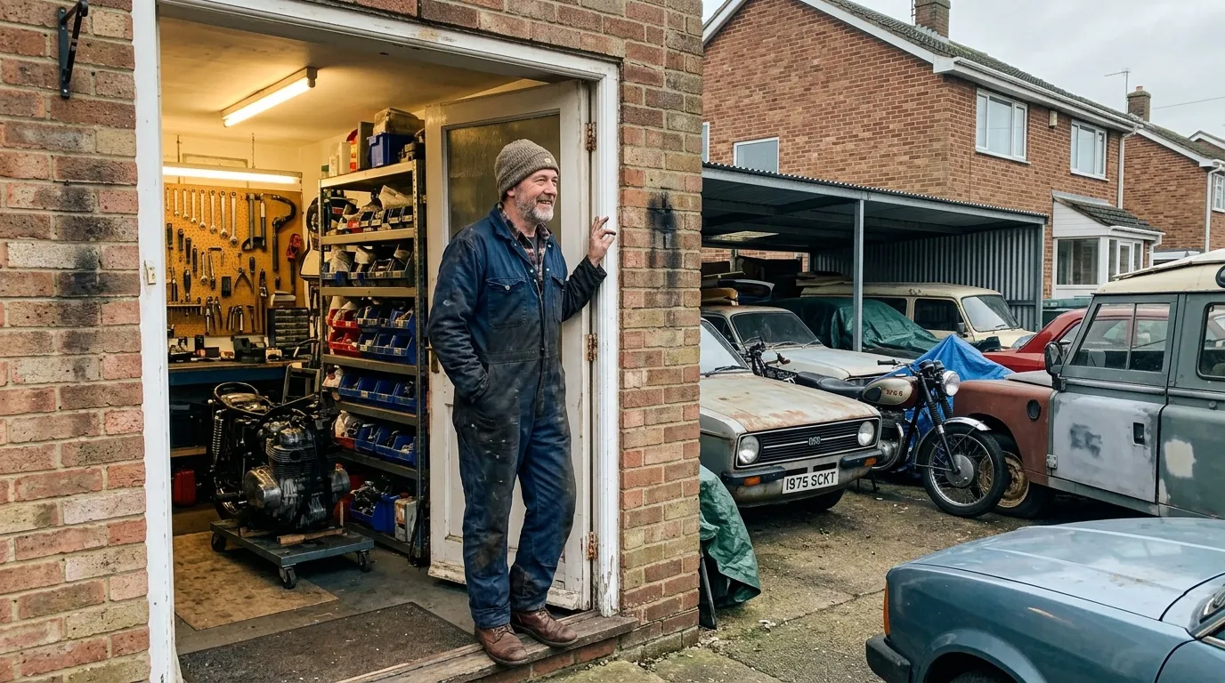 Homme dans son garage entouré de voitures anciennes et outils