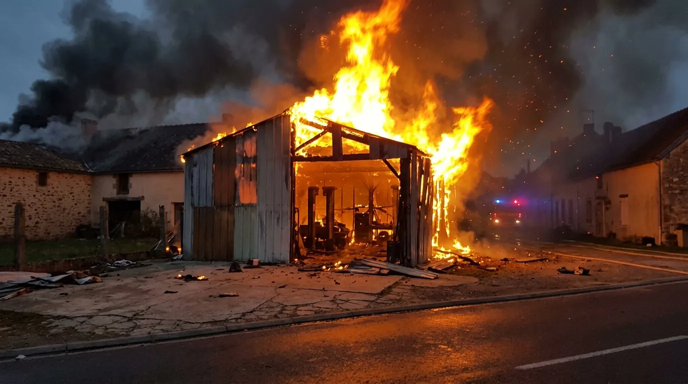 Garage automobile 60 m² détruit dans un incendie en Sud-Mayenne