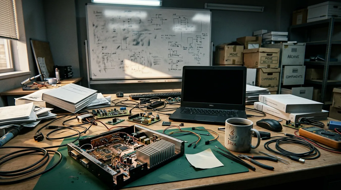 Bureau d'ingénieur avec composants électroniques et ordinateur