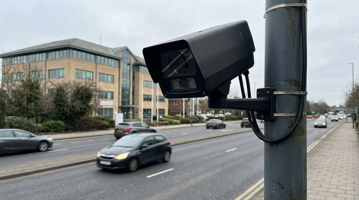 Cam&eacute;ra de surveillance mont&eacute;e sur poteau surveillant une route