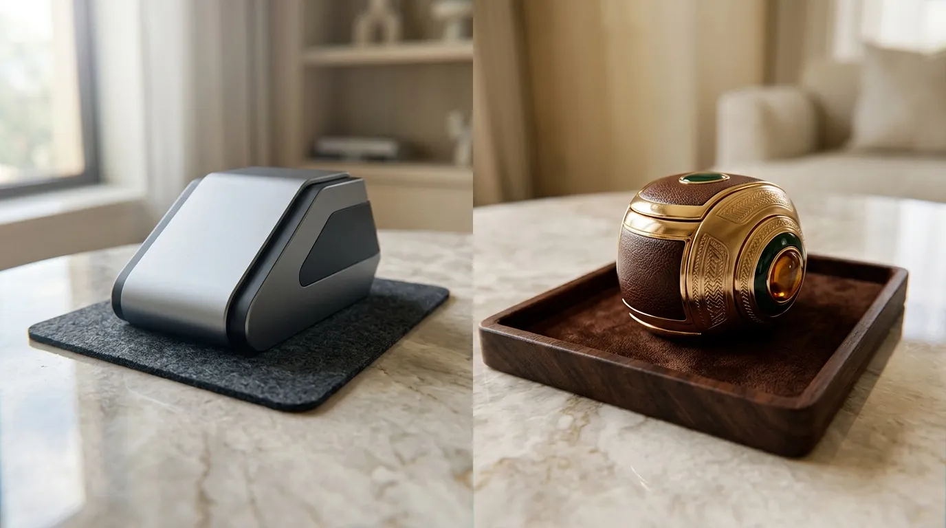 Souris moderne grise et caméra dorée vintage sur marbre