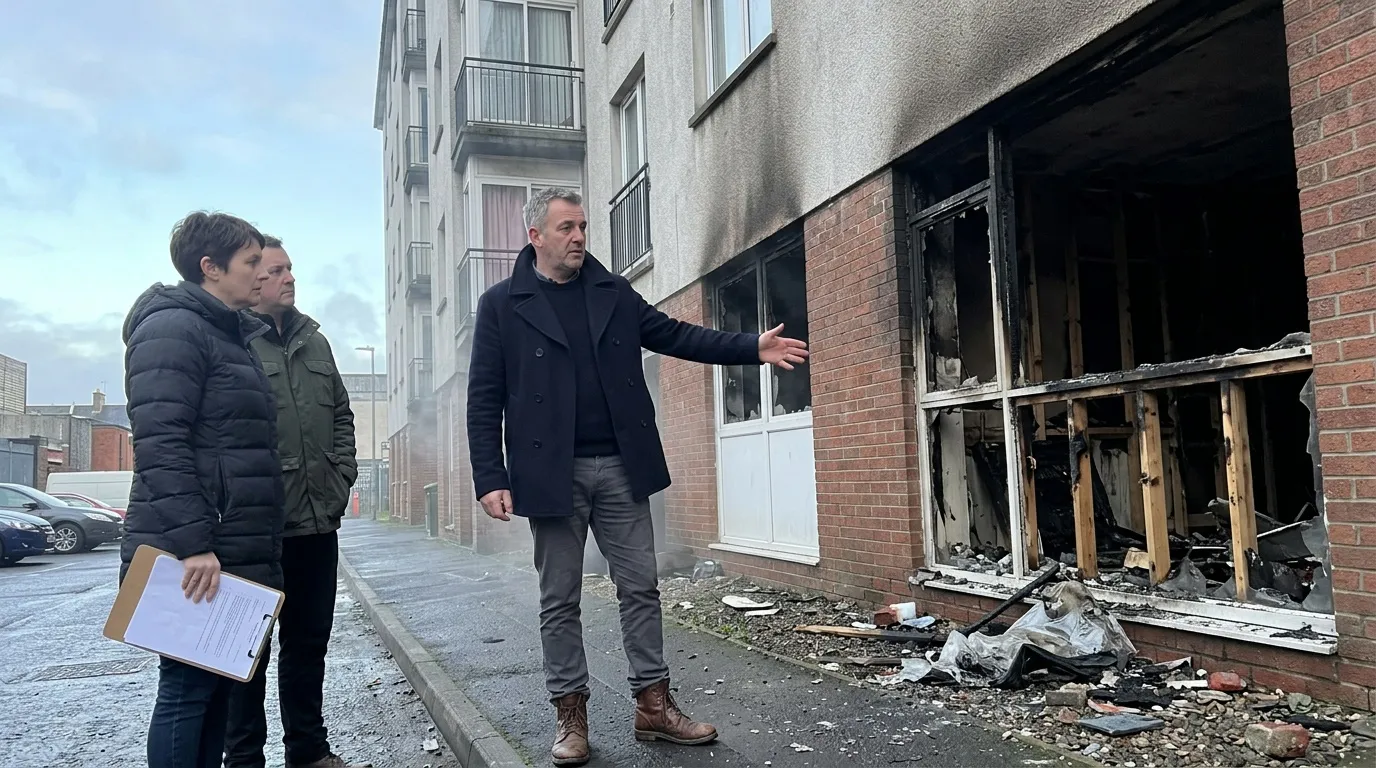 Trois personnes inspectent des fen&ecirc;tres endommag&eacute;es par le feu