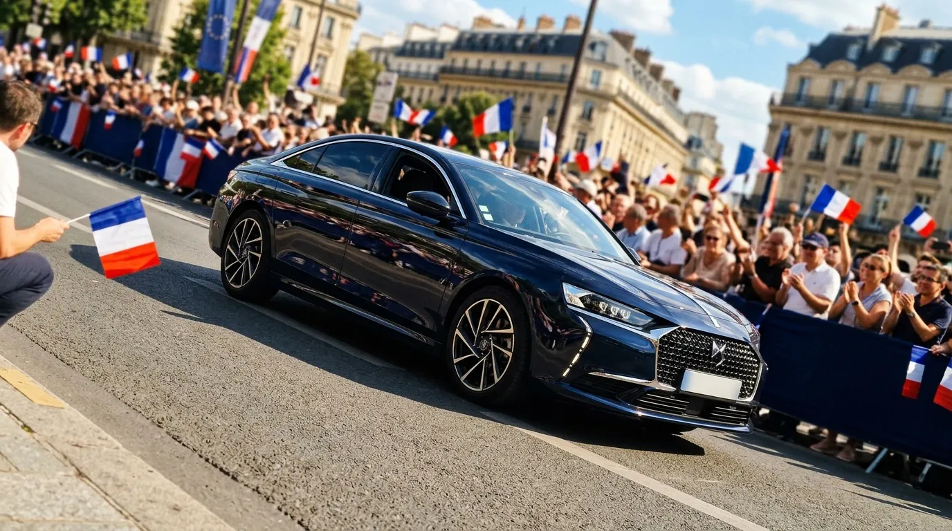 Voiture noire escortée par foule français drapeau