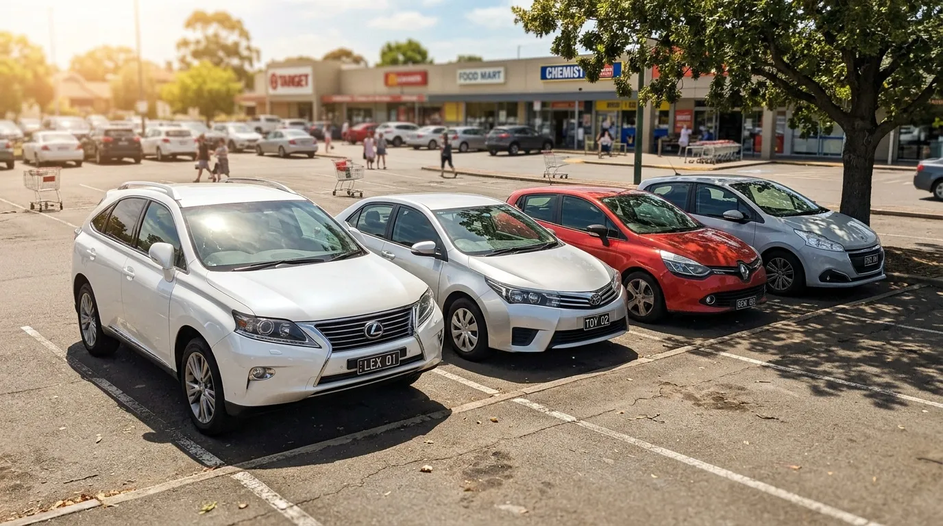 Quatre véhicules stationnés dans un parking de shopping
