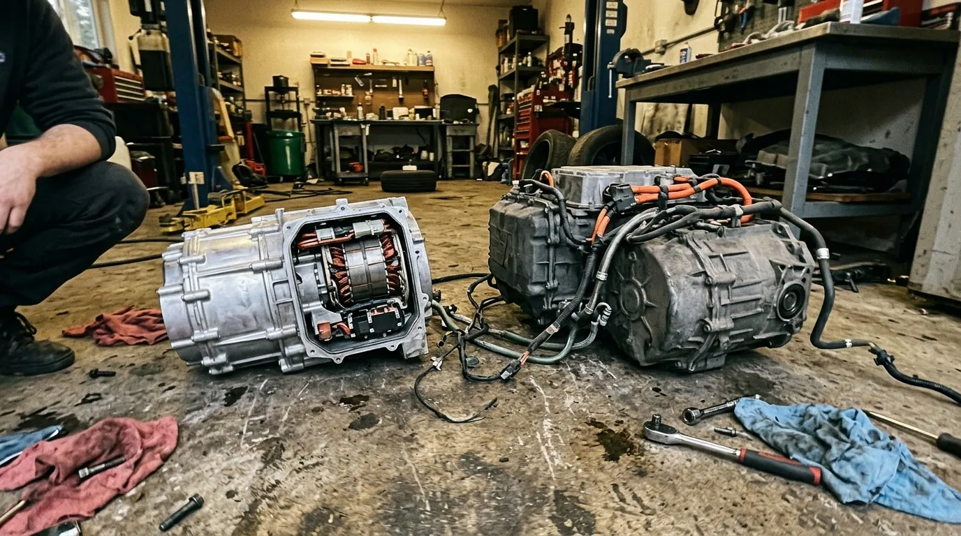 Deux moteurs électriques disassemblés dans un atelier automobile