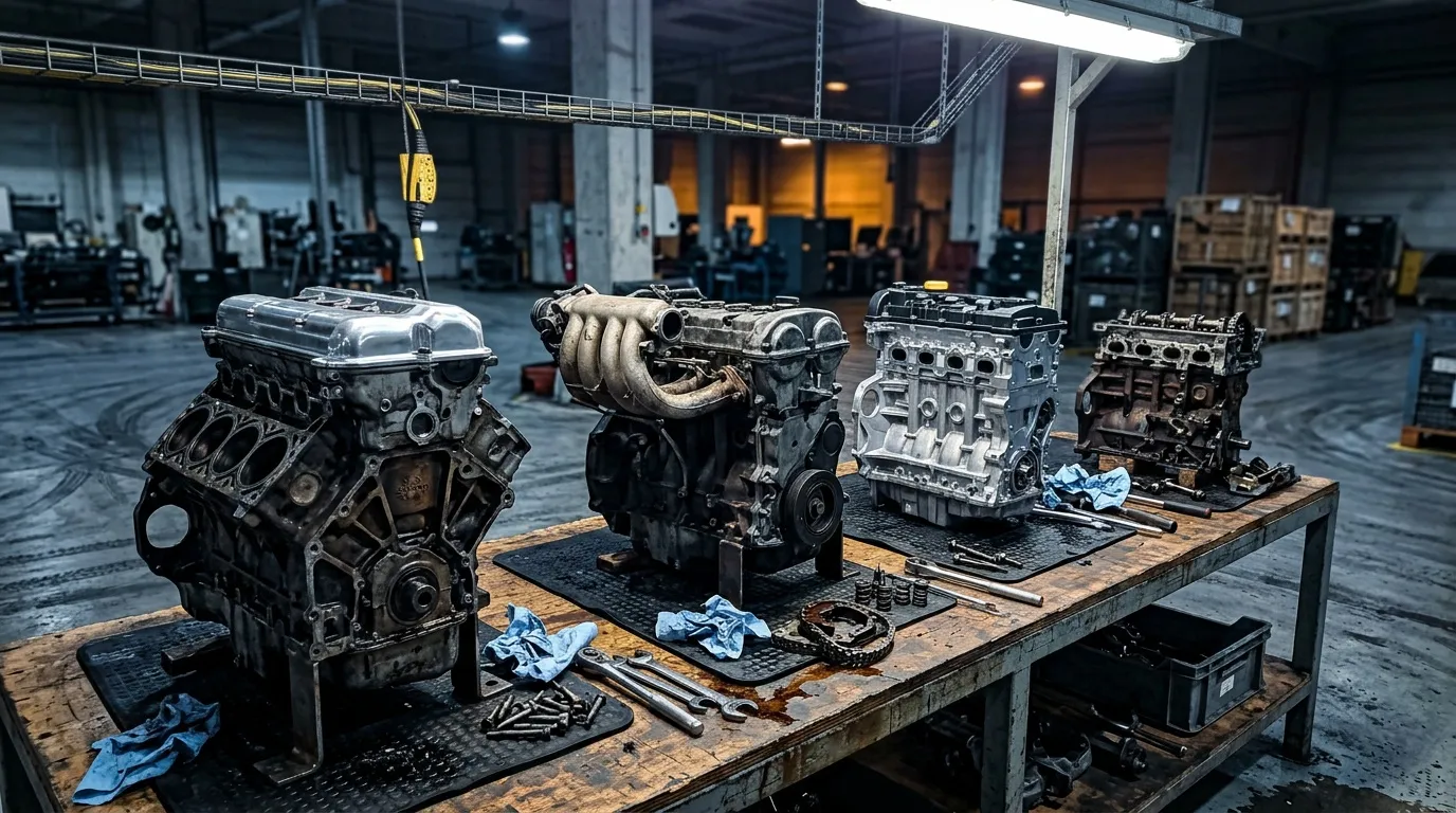 Cinq moteurs de voiture exposés sur établi en atelier industriel