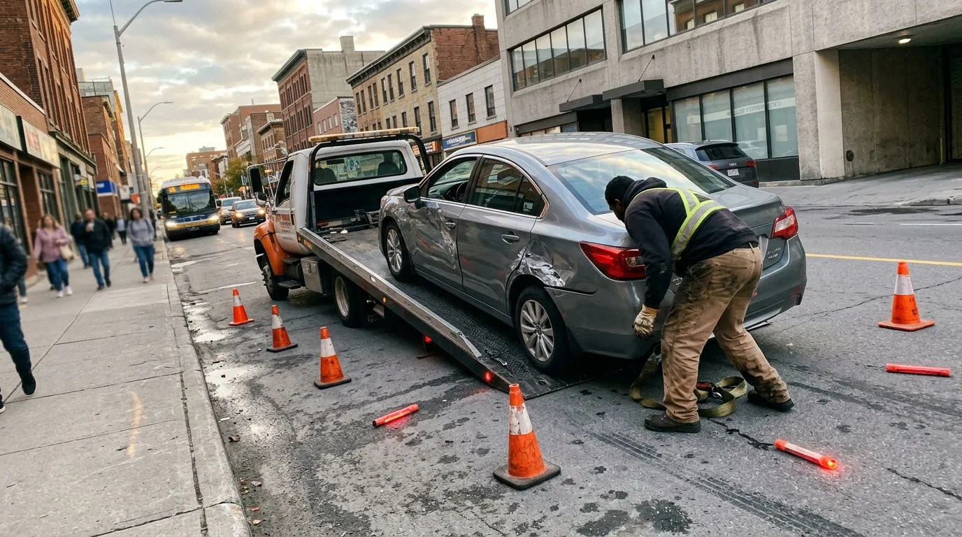 Dépanneuse chargeant voiture accidentée dans rue ville