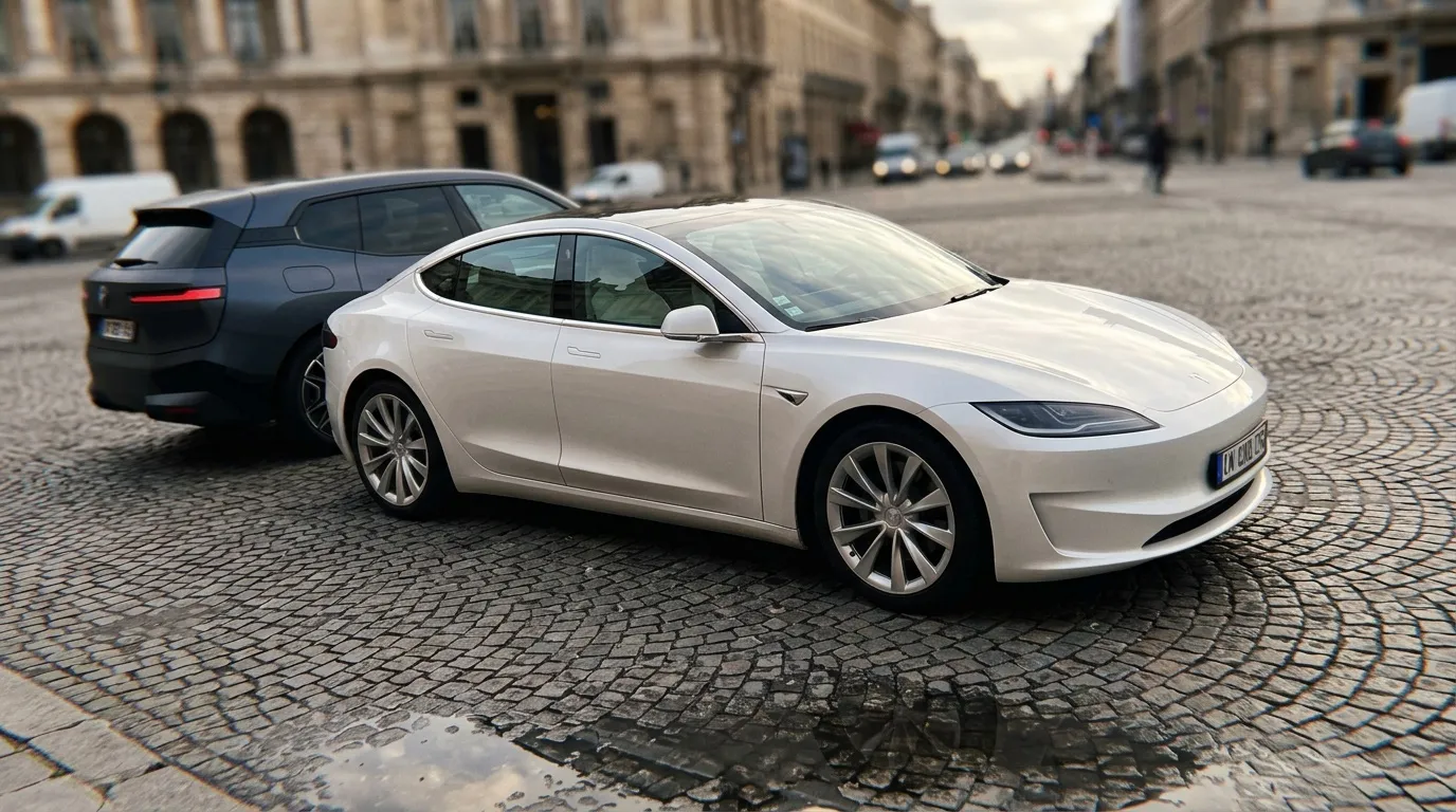 Tesla blanche gar&eacute;e sur place pav&eacute;e parisienne