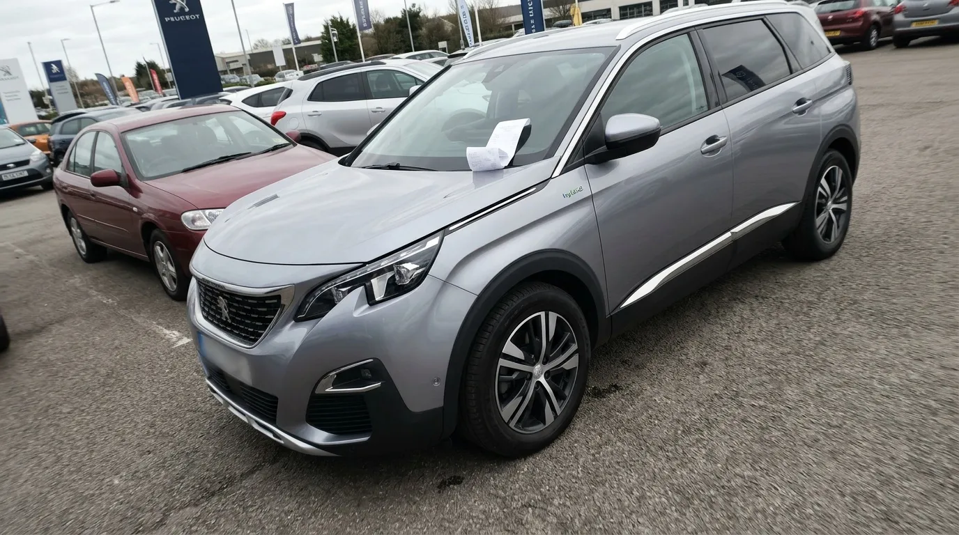 SUV Peugeot gris hybride exposé en concession automobile