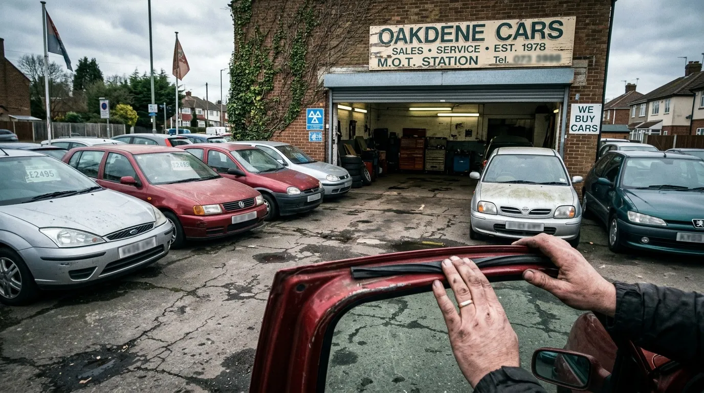 Mains tenant capot voiture devant garage automobile établi 1978