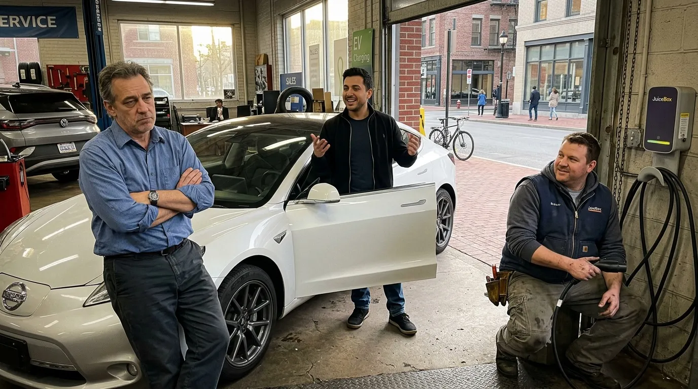 Trois hommes dans un garage automobile discutent autour d'une voiture blanche