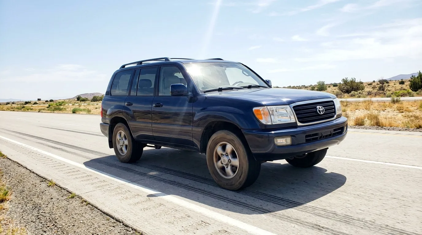 SUV Toyota bleu foncé sur route désertique ensoleillée