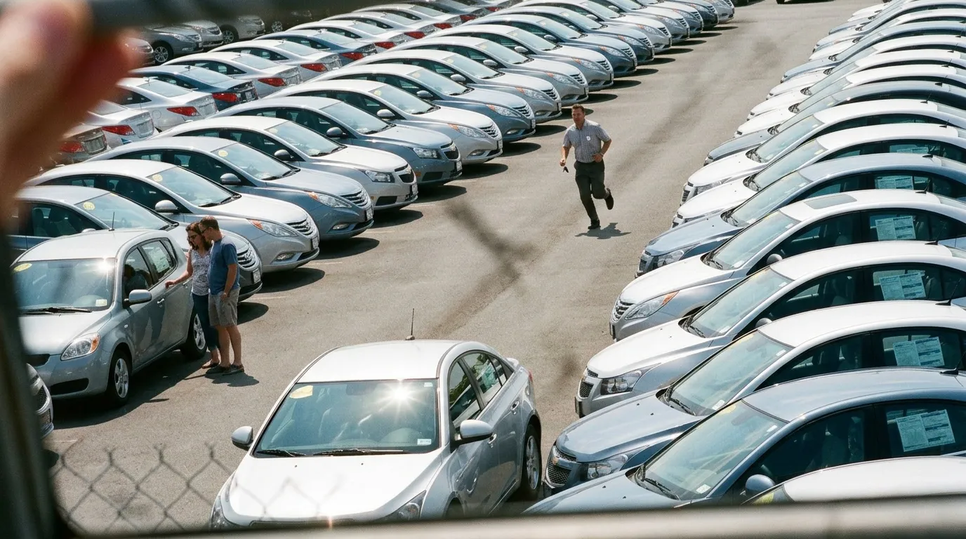 Clients visitent voitures neuves alignées dans grand parking