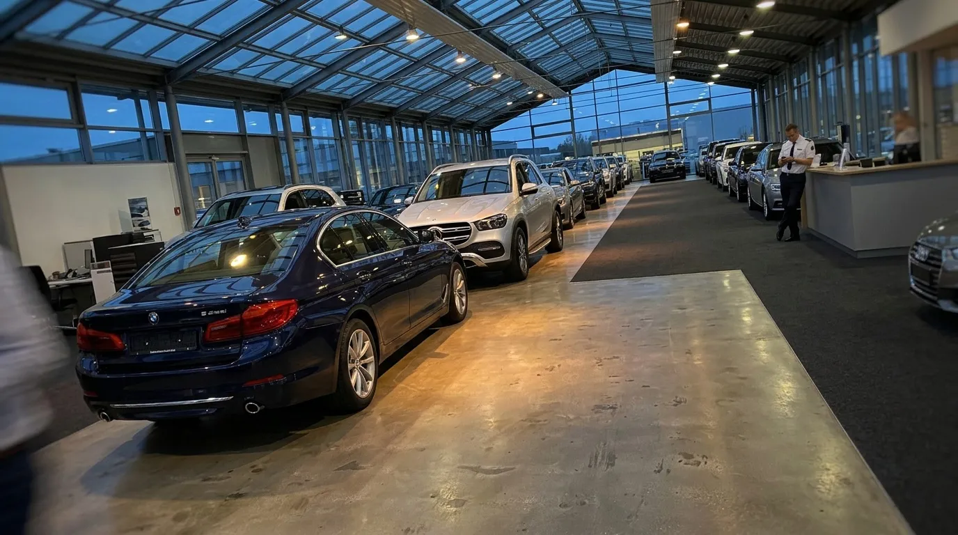 Rangée de voitures neuves dans un showroom moderne vitré