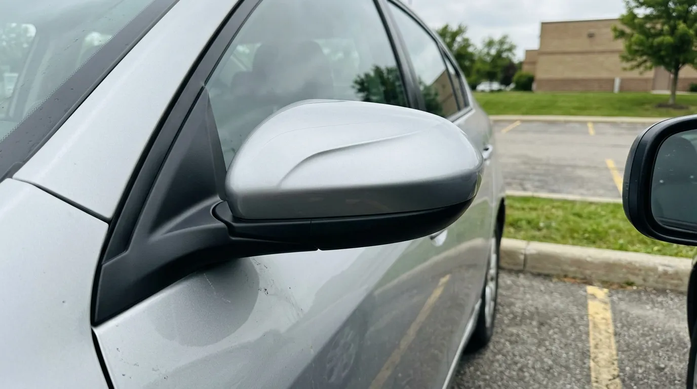 Gros plan du rétroviseur blanc d'une voiture garée