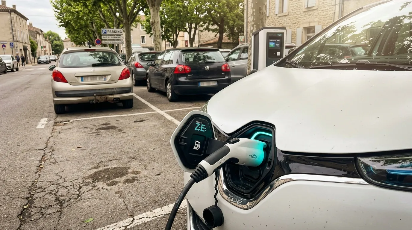 V&eacute;hicule &eacute;lectrique branch&eacute; sur borne de recharge en rue