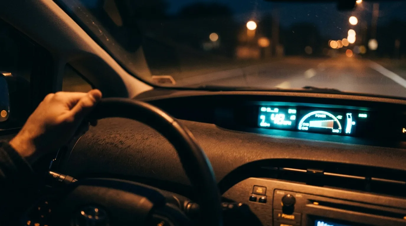 Conducteur au volant de nuit, tableau de bord illuminé, route devant