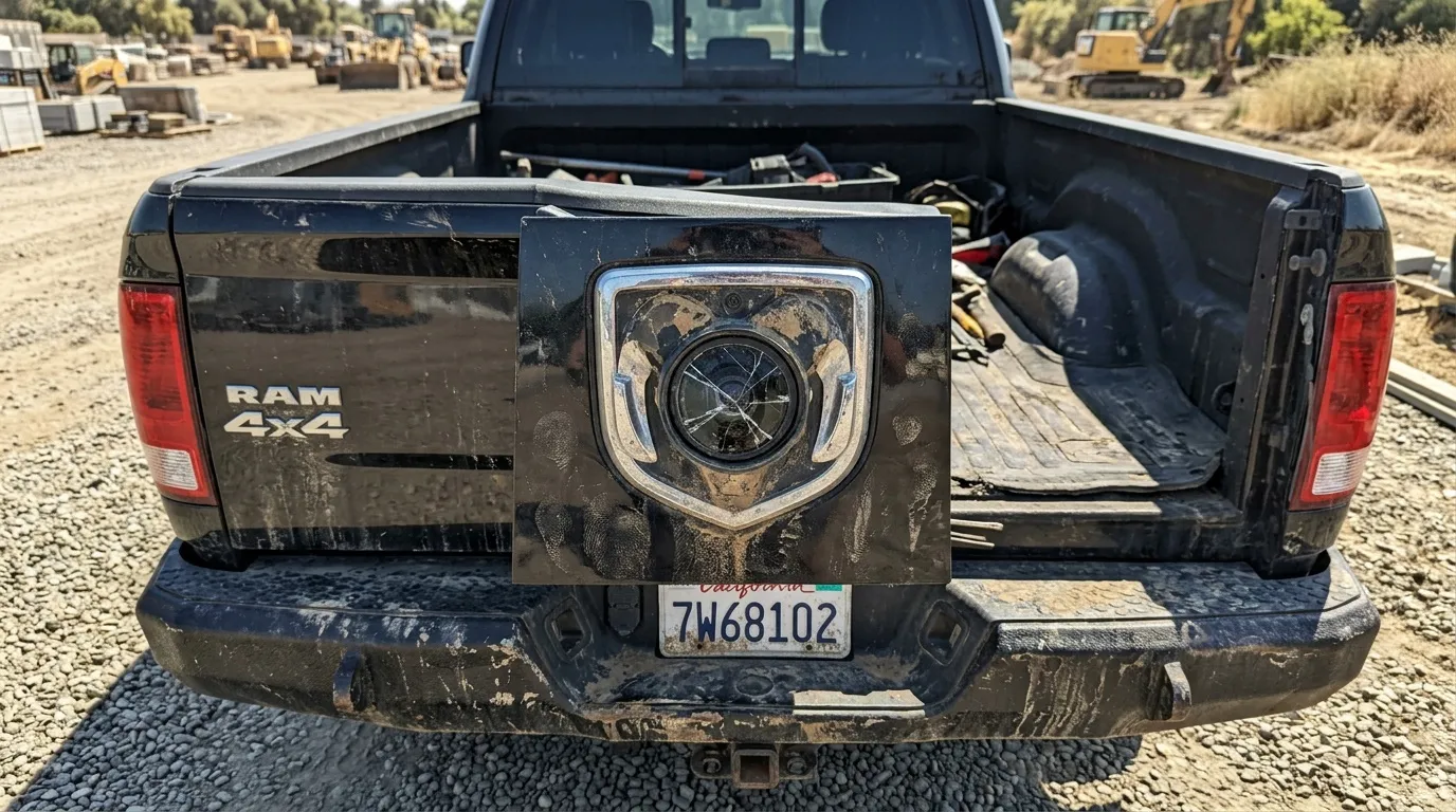Pickup RAM 4x4 noir endommagé avec phare cassé sur chantier.