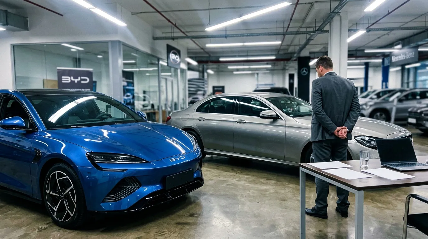 Homme observant voiture bleue BYD dans showroom moderne