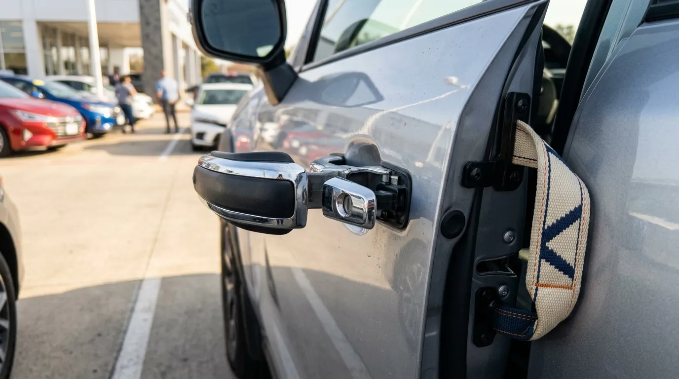 Porte de voiture ouverte dans un parking avec d'autres v&eacute;hicules