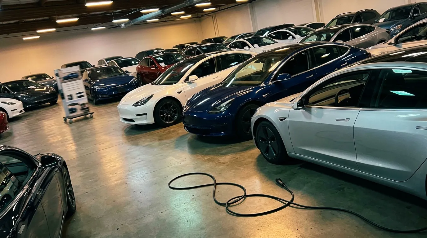 Plusieurs voitures &eacute;lectriques Tesla gar&eacute;es dans un showroom couvert