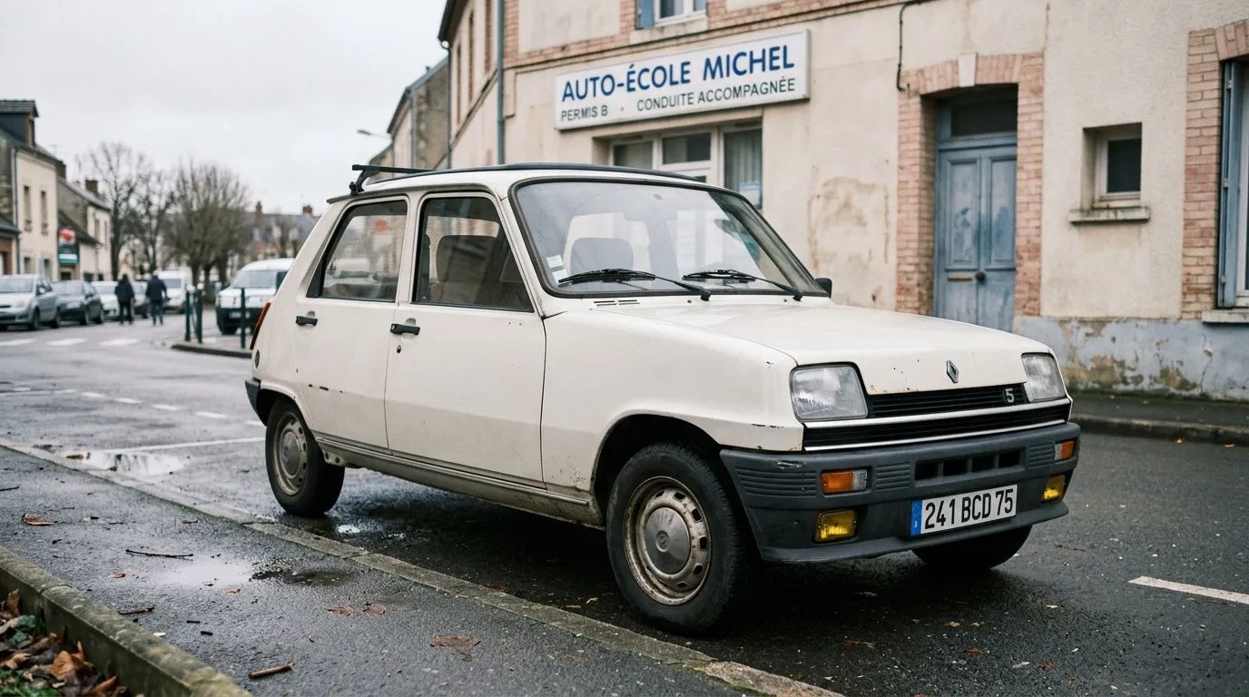 Voiture blanche ancienne garée devant une auto-école