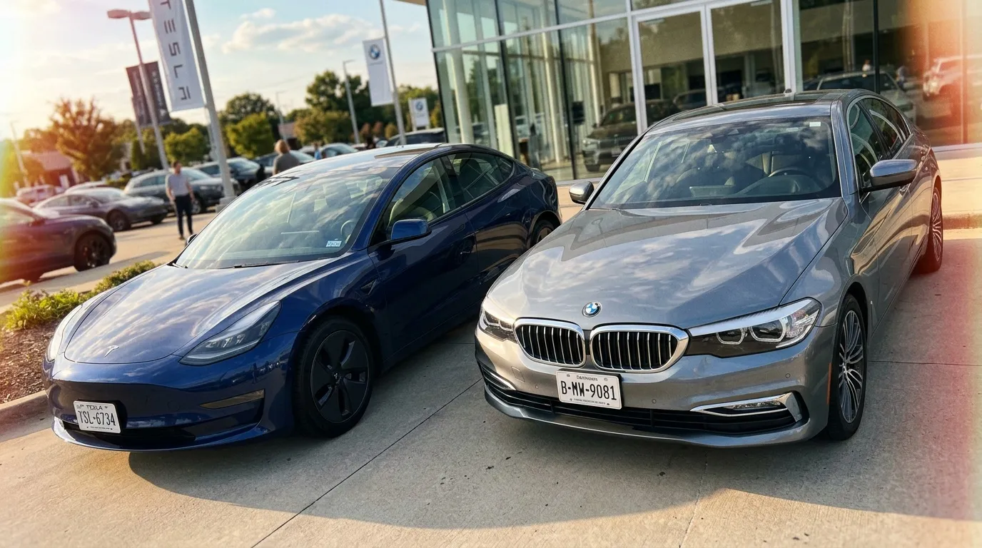 Tesla bleue et BMW grise stationnées chez concessionnaire automobile