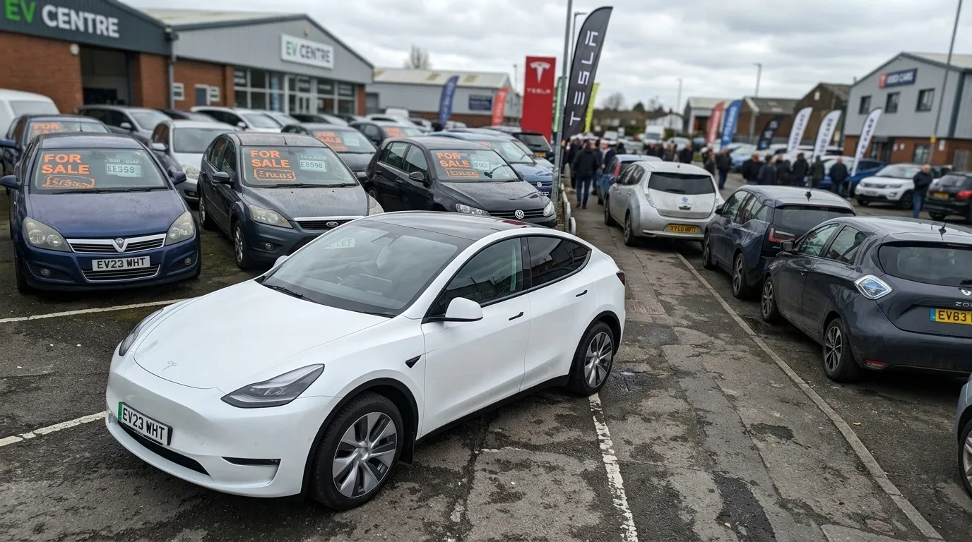 Tesla blanche au showroom EV Centre avec voitures d'occasion