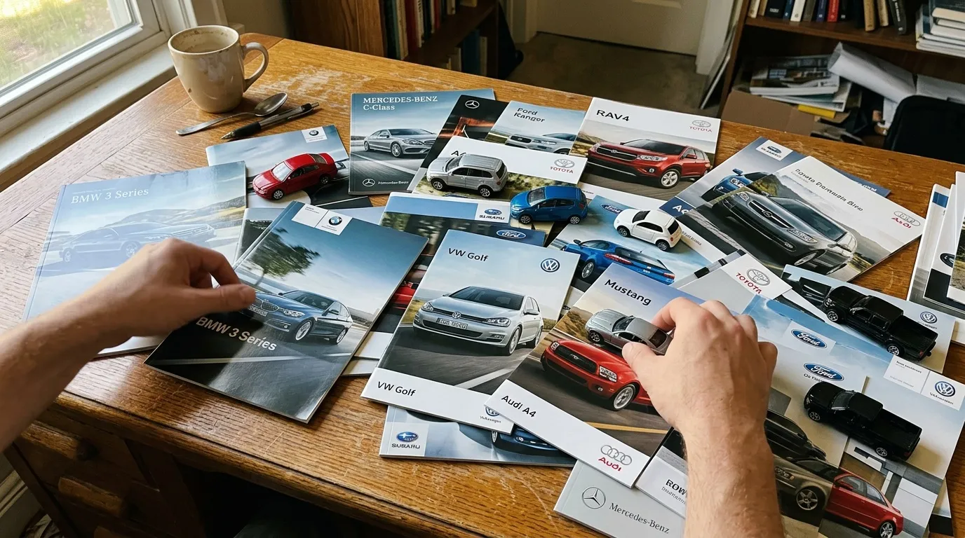 Mains triant des brochures de voitures sur table en bois