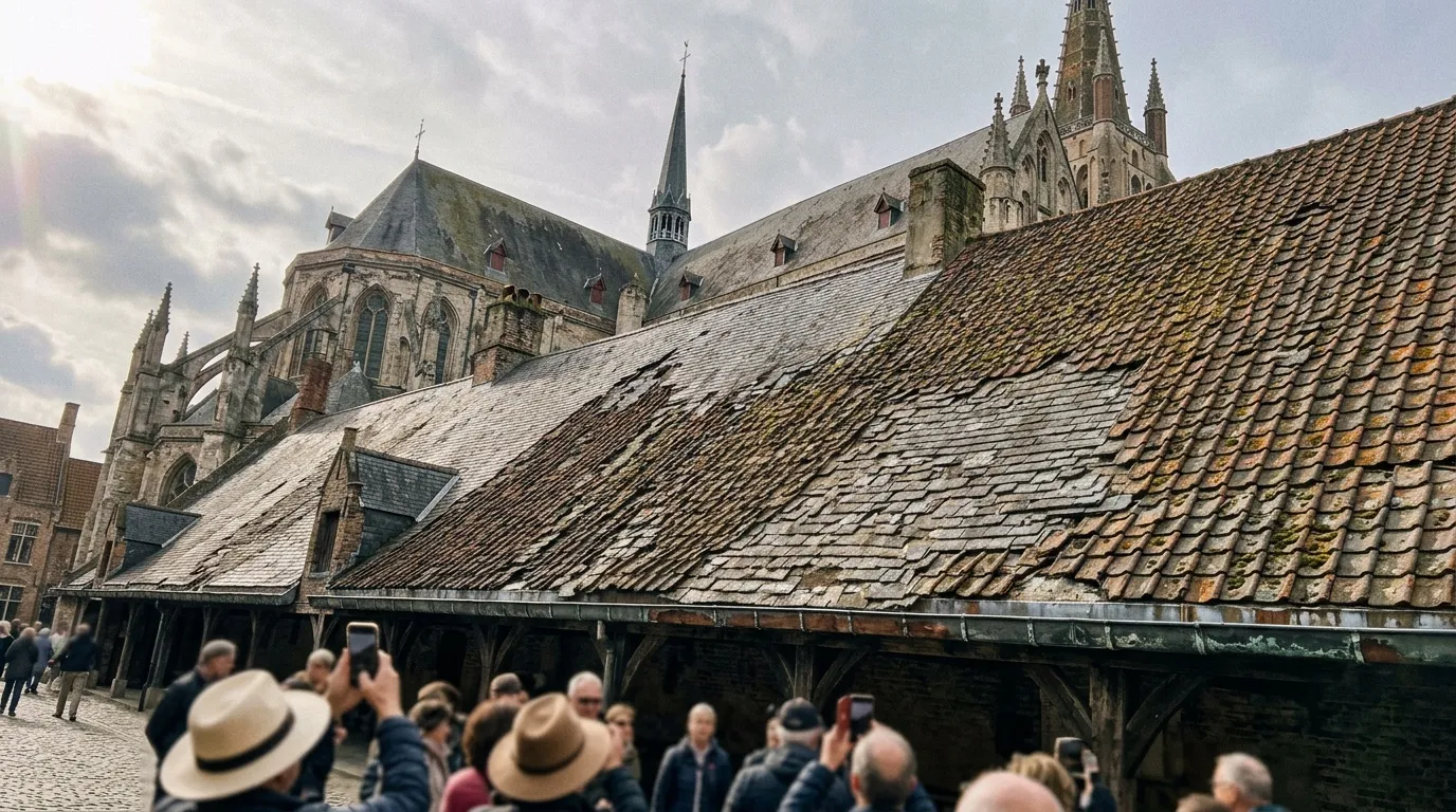 Touristes admirant une cathédrale gothique avec toits de tuiles anciennes