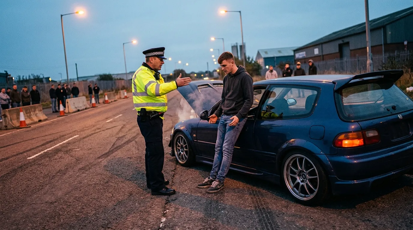 Policier contr&ocirc;lant conducteur automobile bleu lors cr&eacute;puscule