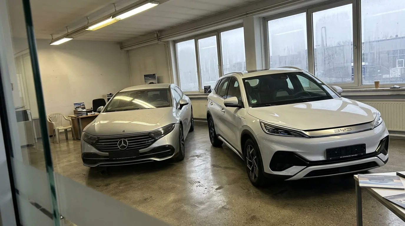 Deux voitures blanches dans un showroom moderne avec vue urbaine