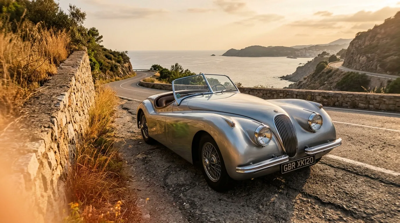 Voiture de sport classique argent sur route côtière méditerranéenne
