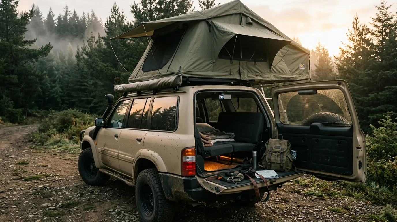 SUV aménagé avec tente de toit en forêt