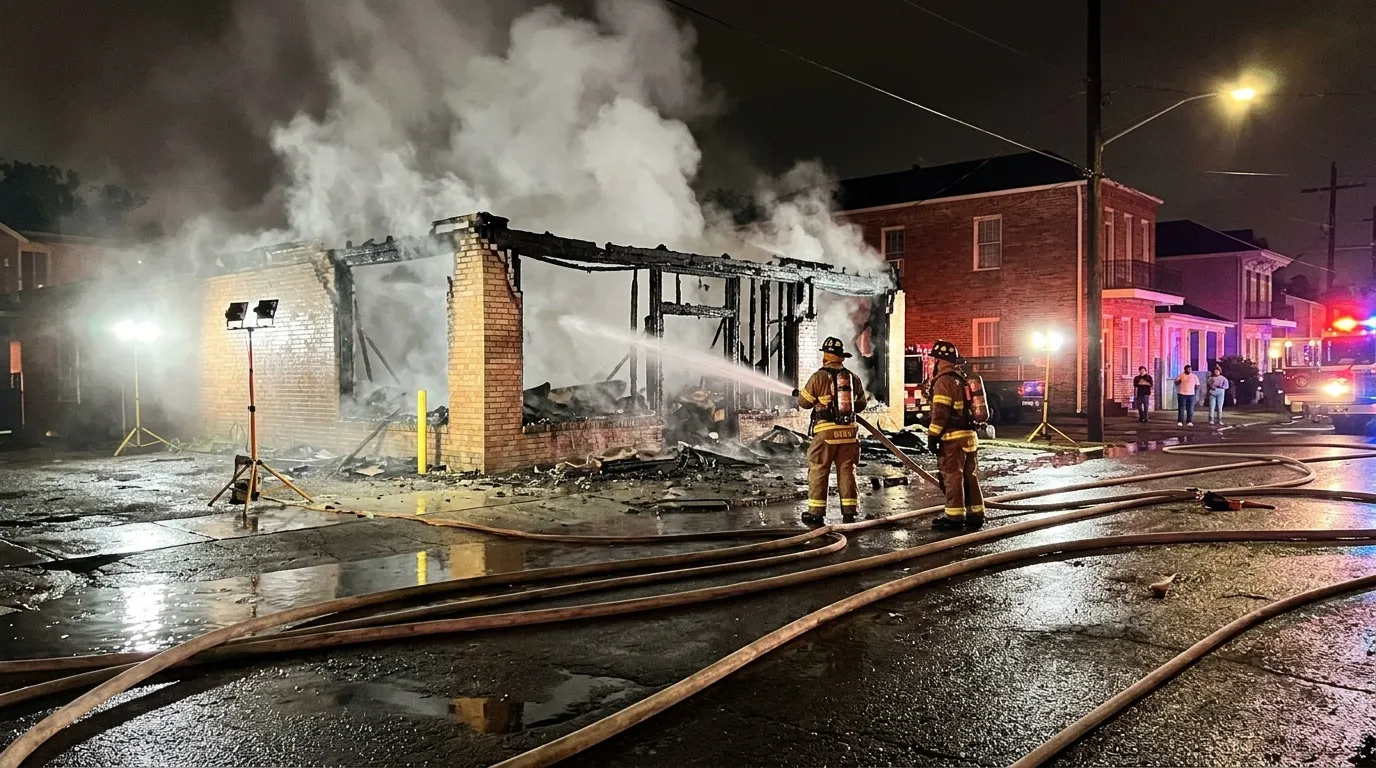 Pompiers combattant un feu nocturne dans un bâtiment en brique