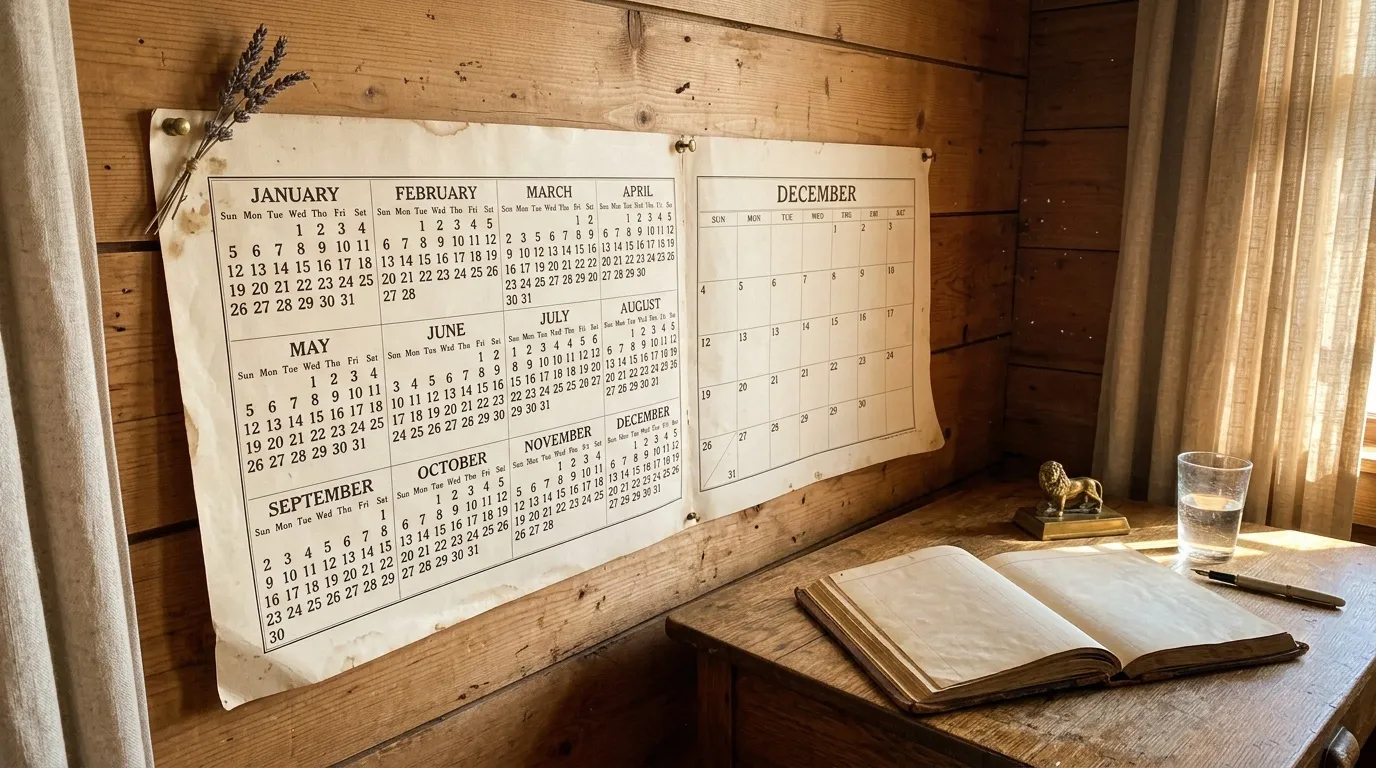 Calendrier mural vintage sur bureau en bois avec journal ouvert