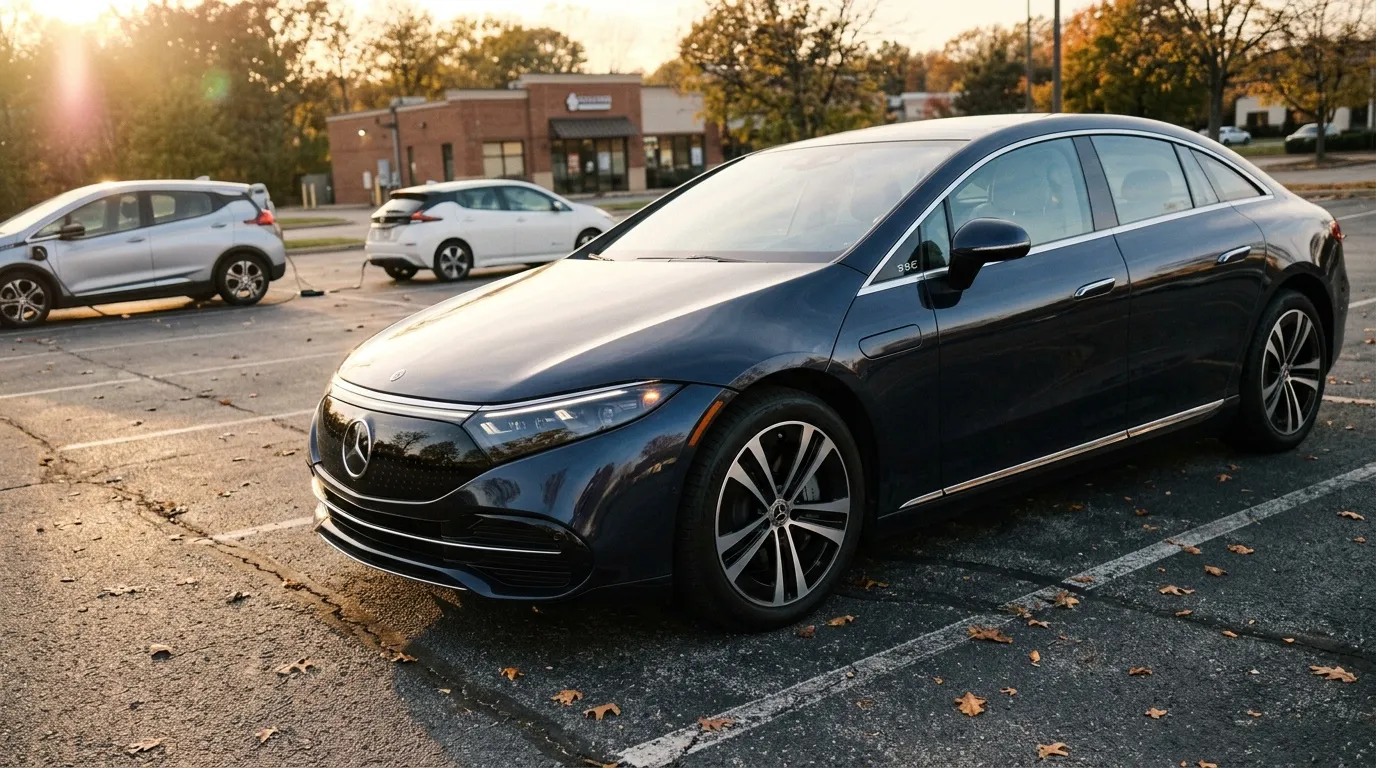 Mercedes EQE noire stationnée parking automne, voitures blanches arrière-plan