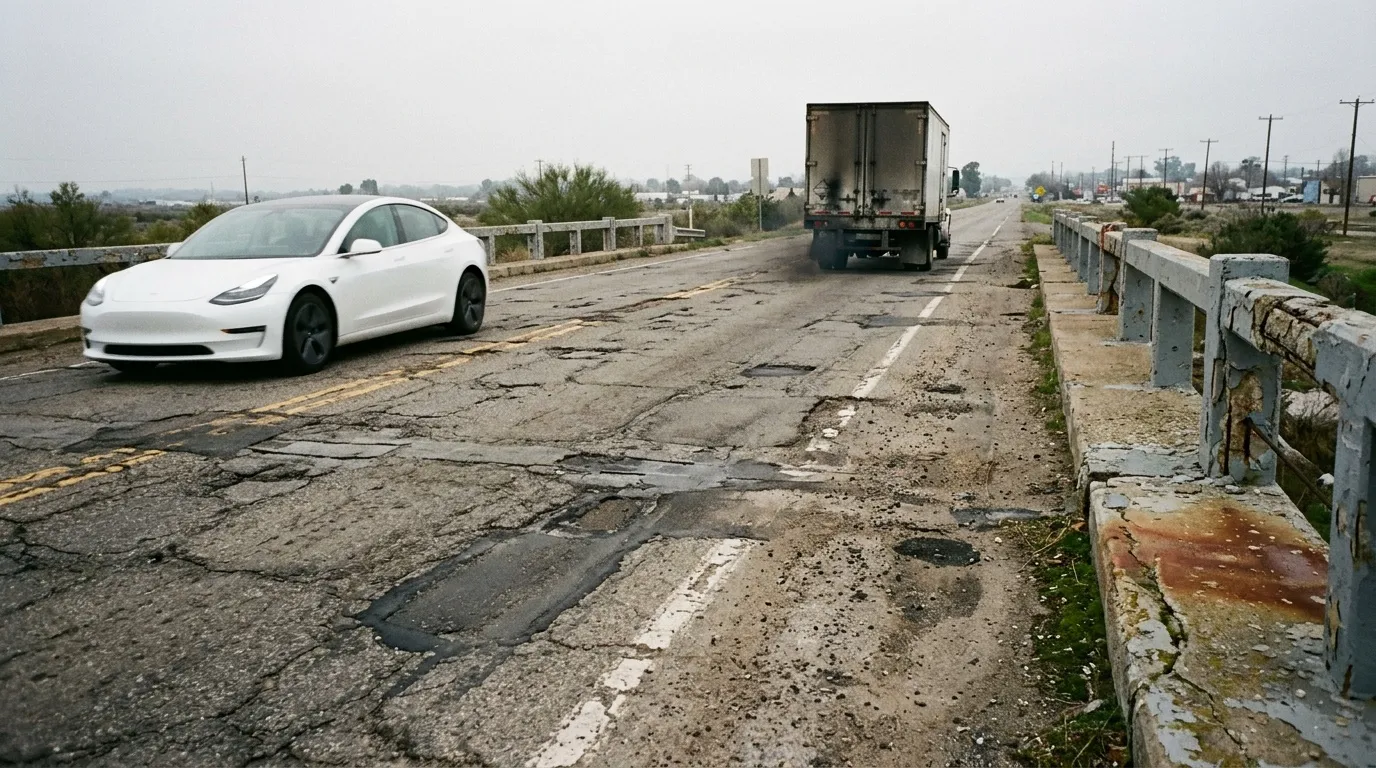 Tesla blanche sur route très endommagée avec camion