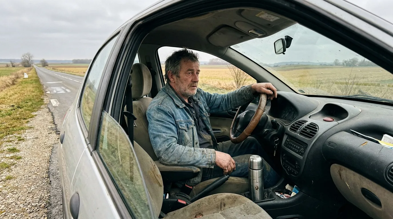 Homme conduisant voiture sur route campagne d&eacute;serte