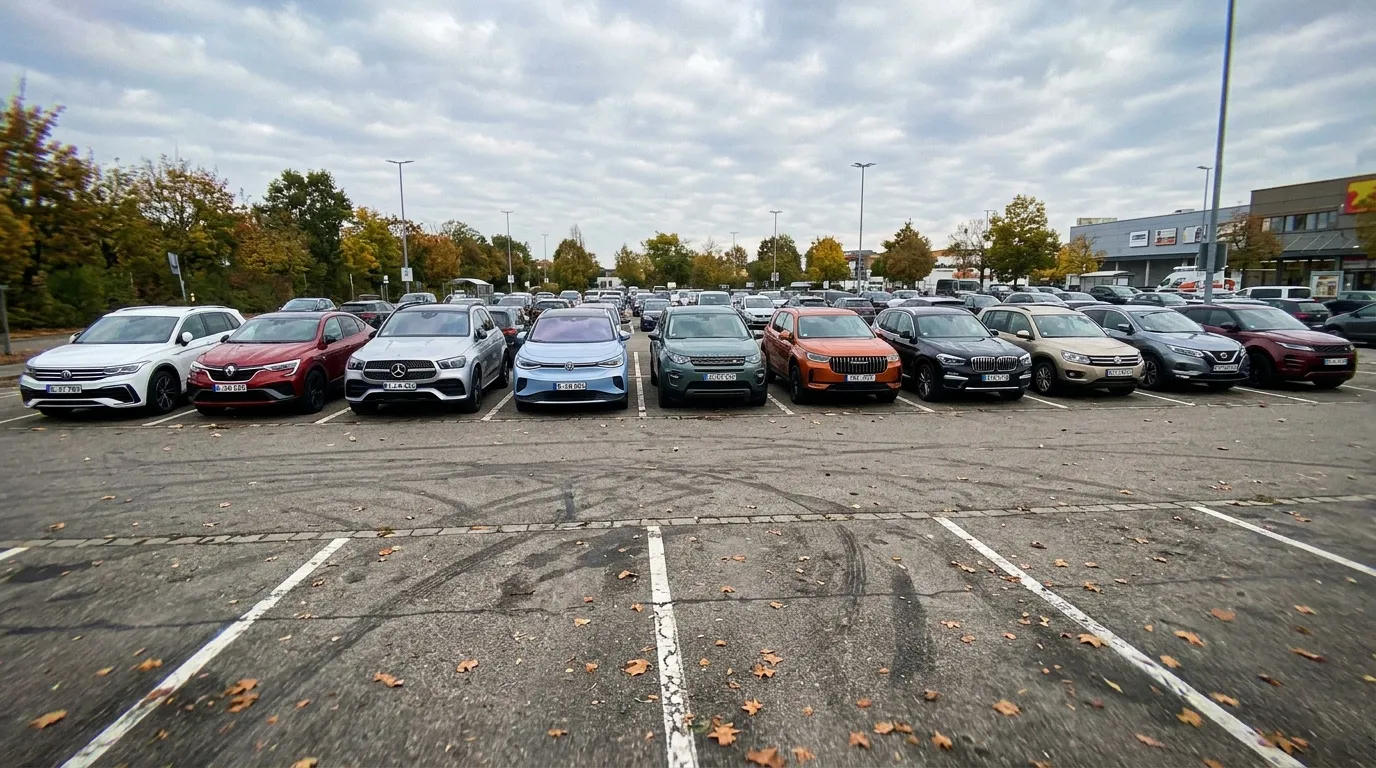Rang&eacute;e de v&eacute;hicules stationn&eacute;s dans un parking automne