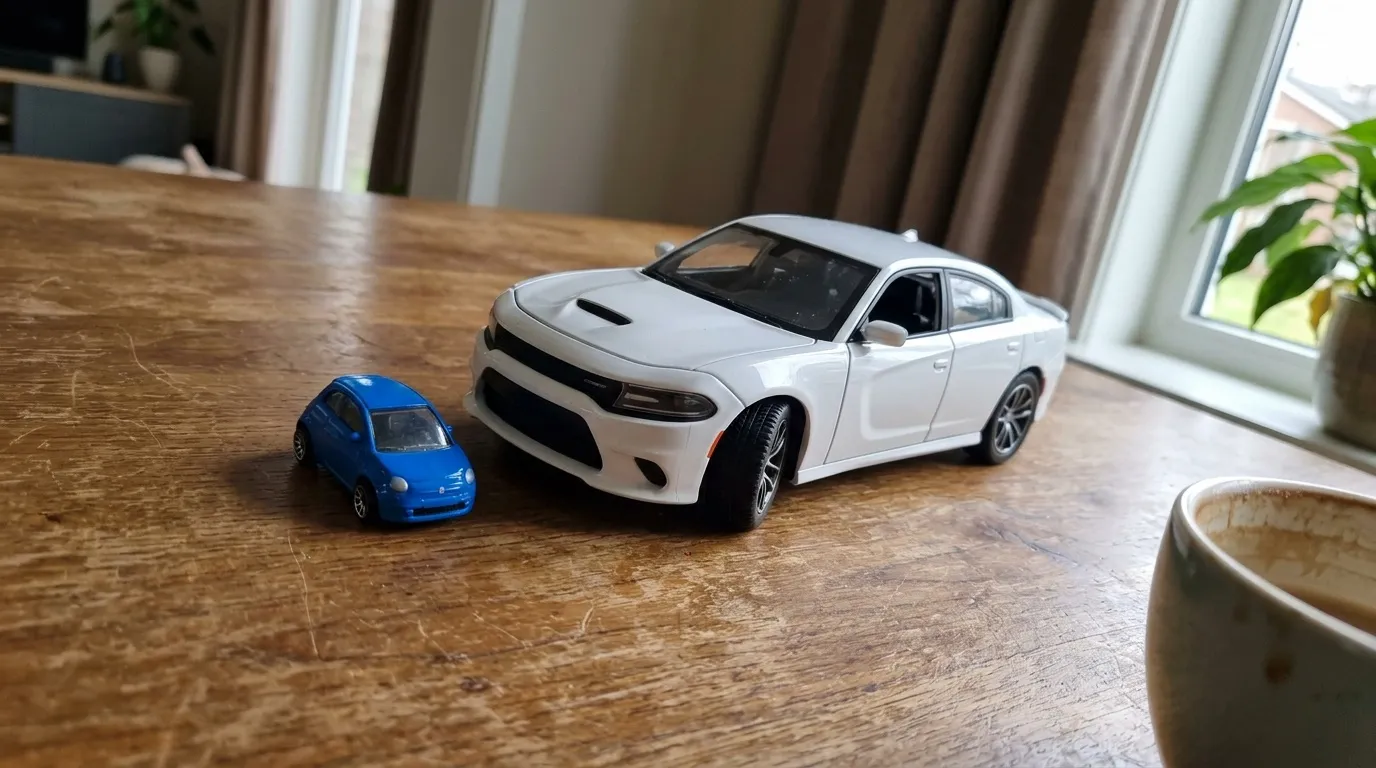 Deux modèles réduits de voitures, bleu et blanc, sur table