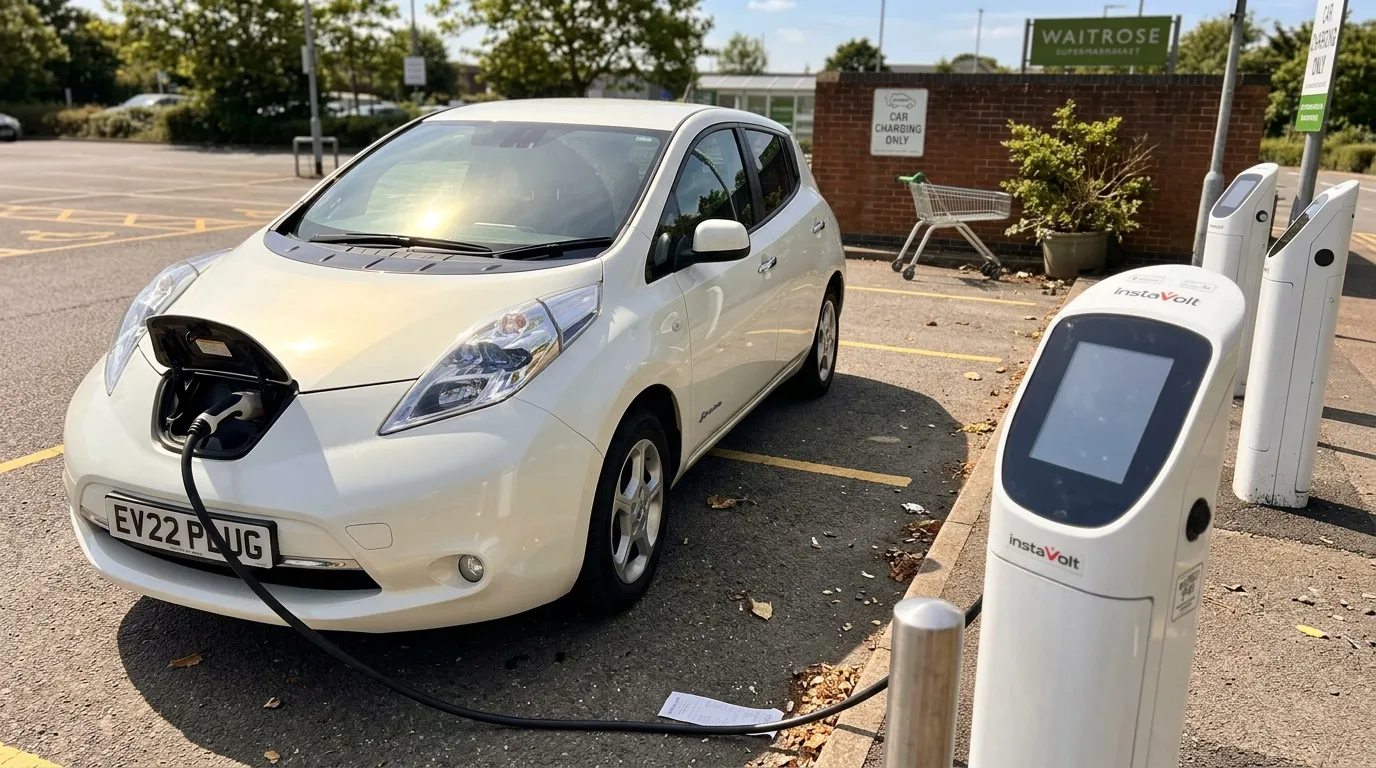 Nissan Leaf blanche branch&eacute;e &agrave; une borne InstaVolt