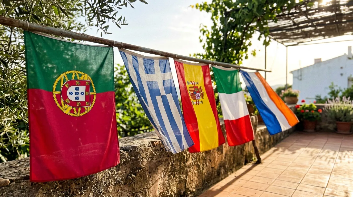 Drapeaux de pays europ&eacute;ens suspendus sur une terrasse ensoleill&eacute;e