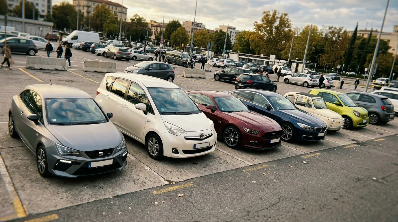 Rangée de véhicules colorés exposés dans un parking urbain