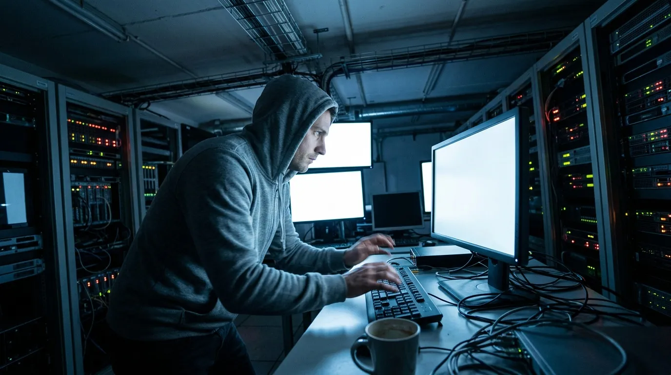 Homme en hoodie travaillant sur ordinateur en salle serveur