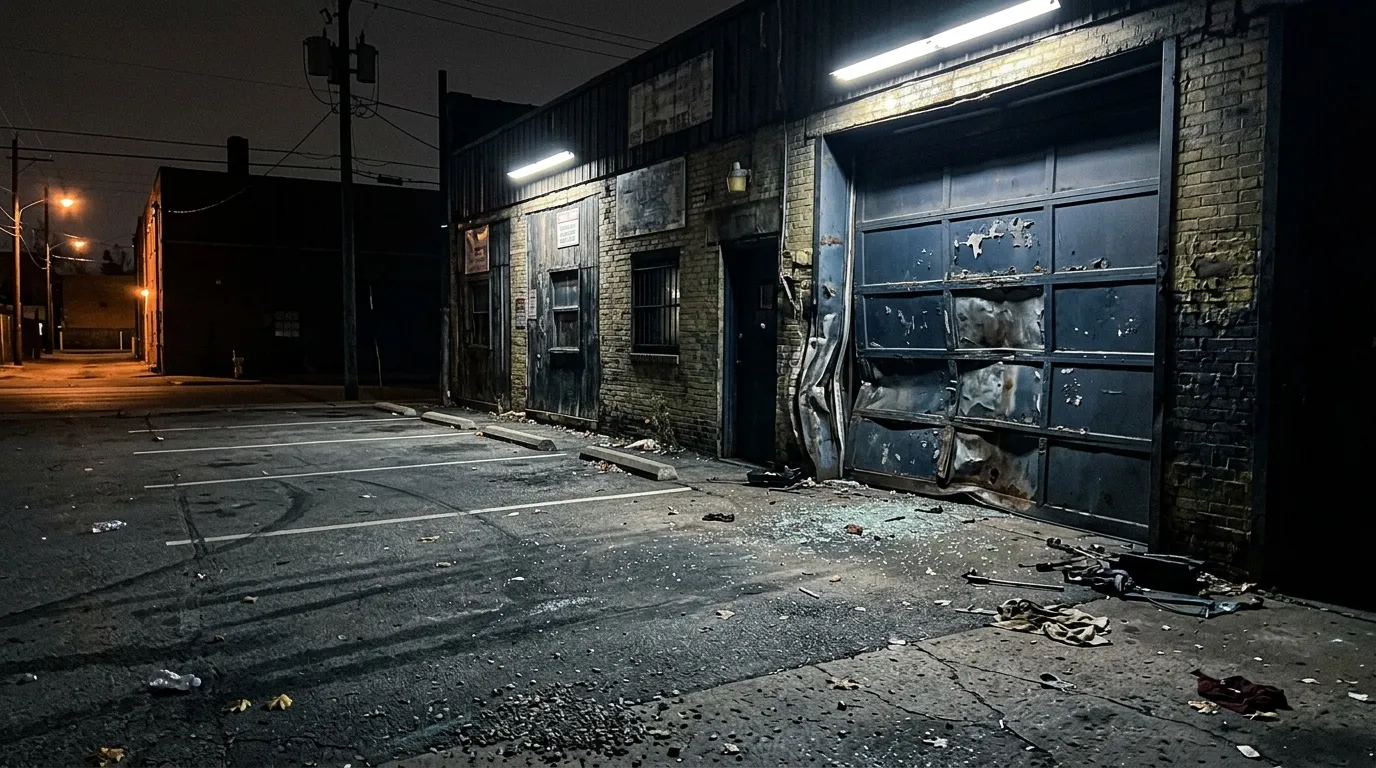 Entrep&ocirc;t d&eacute;saffect&eacute; la nuit avec portes m&eacute;talliques endommag&eacute;es