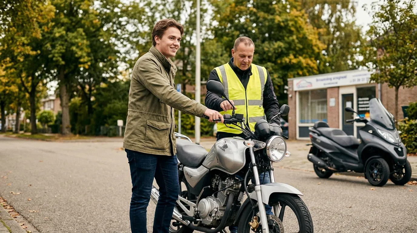 Instructeur montrant moto à jeune apprenti motocycliste