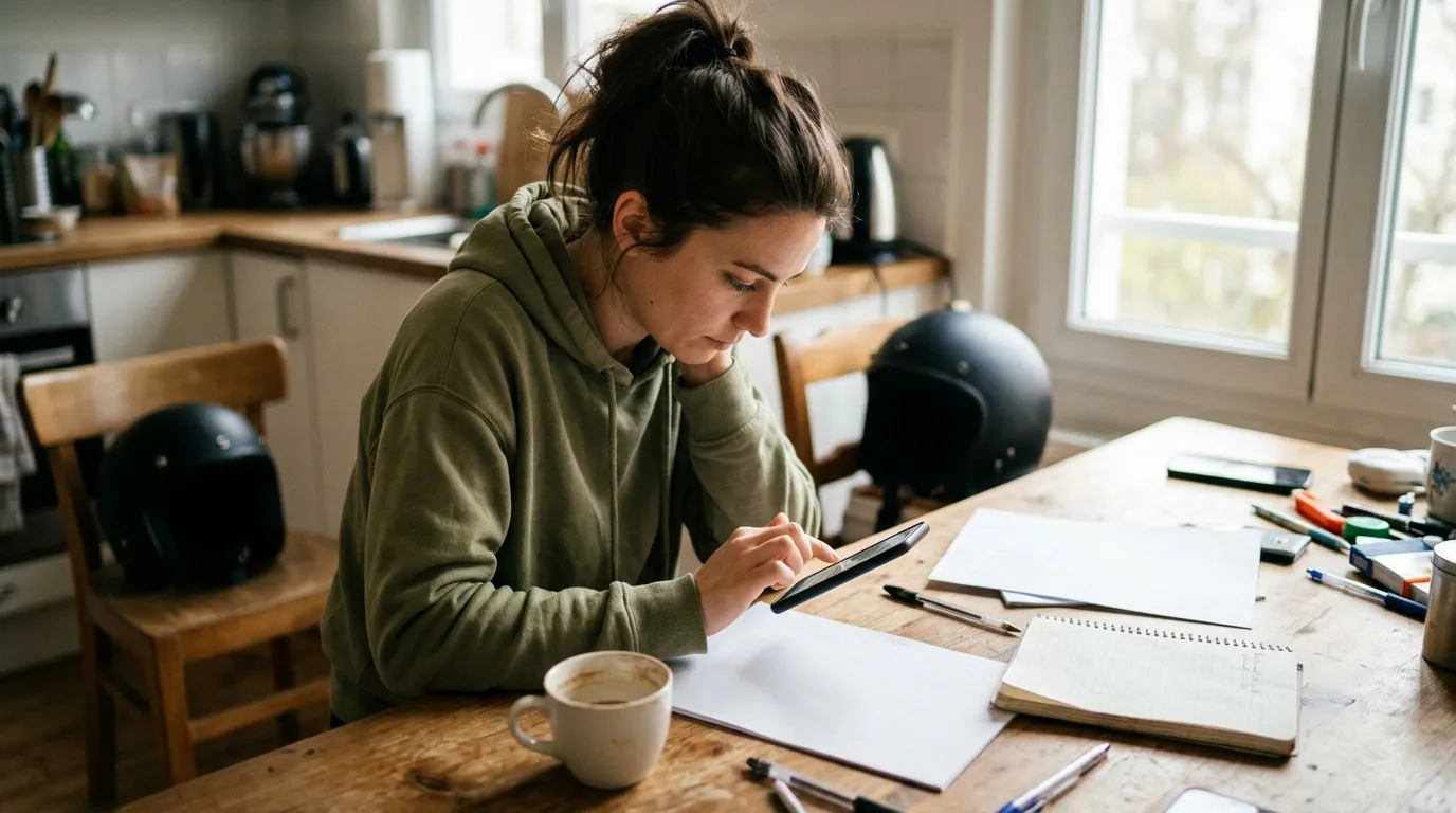 Femme en hoodie travaillant sur tablette à sa cuisine