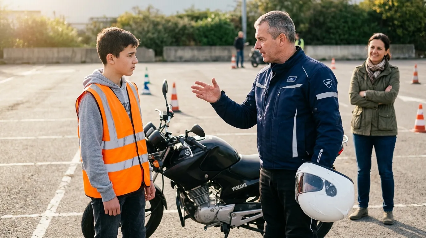Instructeur explique sécurité moto à adolescent en gilet orange